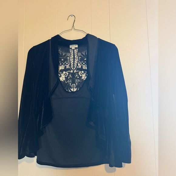 Cardigan Black Velvet Floral Lace ONE WORLD W P Large Open Front Top Whimsigoth - Picture 3 of 8
